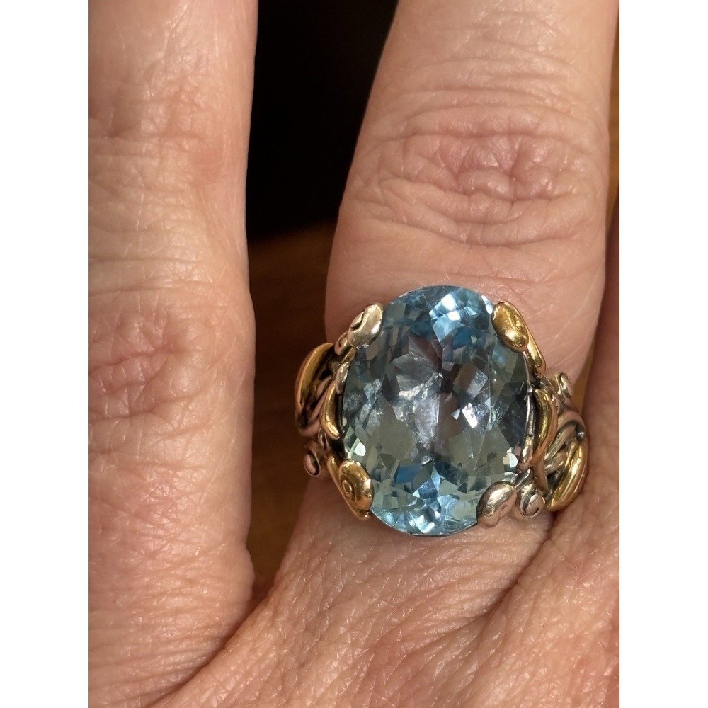 Barbara Bixby 18K Gold & Sterling Silver Blue Topaz Vine Leaf Ring Size 7 - Picture 12 of 15